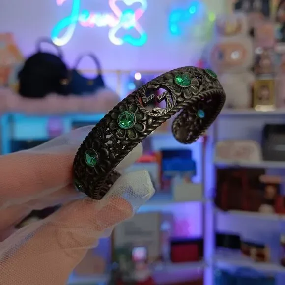 GUCCI Crystal Floral G Bangle 925 Silver Bracelet Green - Picture 5 of 14